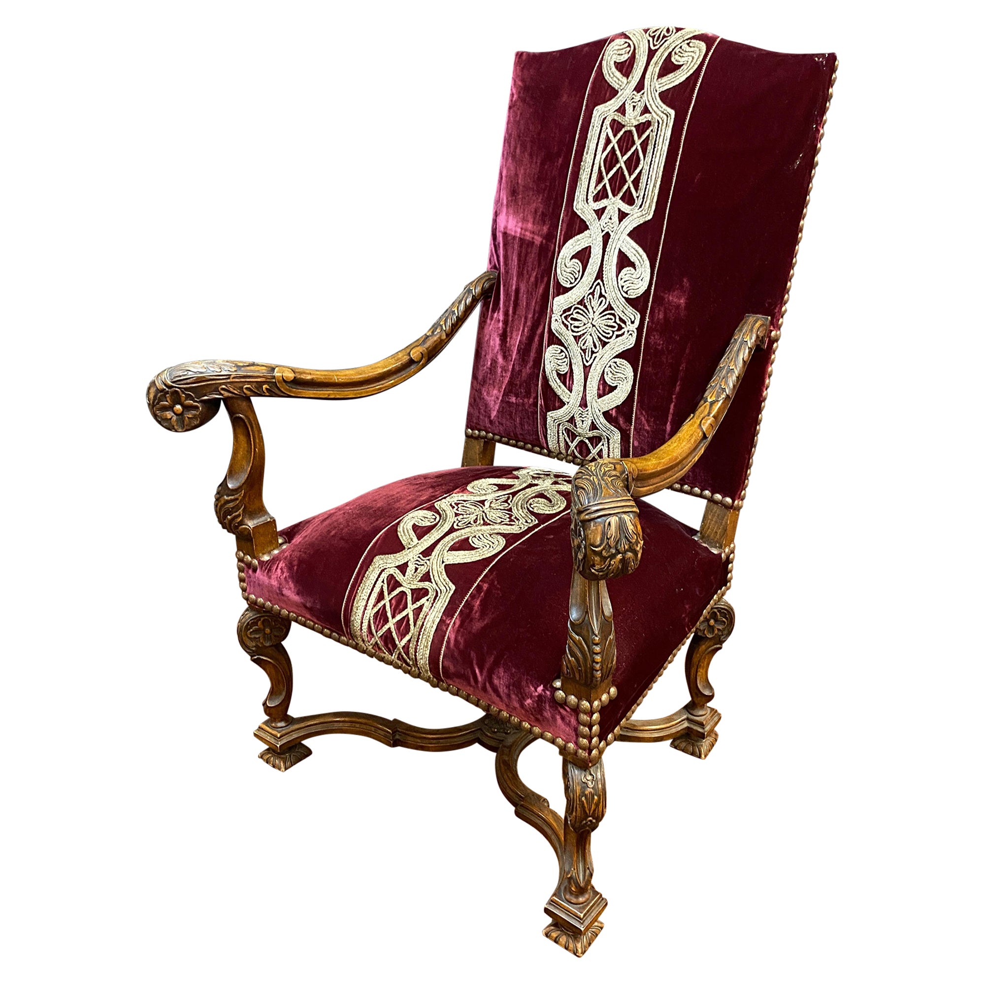 Large Louis XIII style armchair, in walnut, from the 19th century. New fabric For Sale