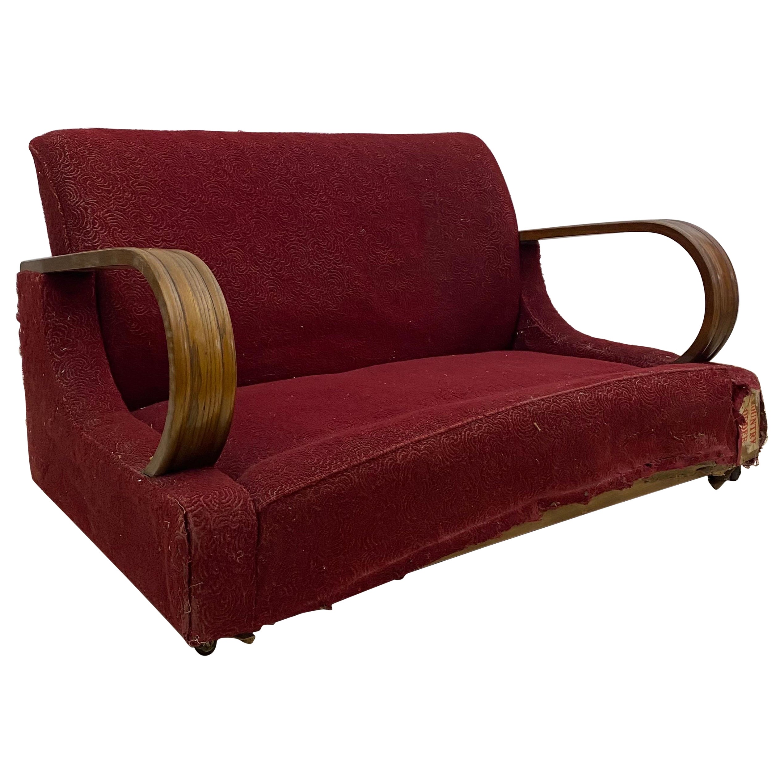 Art Deco 1940s Red Two Seater Distressed Sofa Restoration Project As Seen Poirot en vente