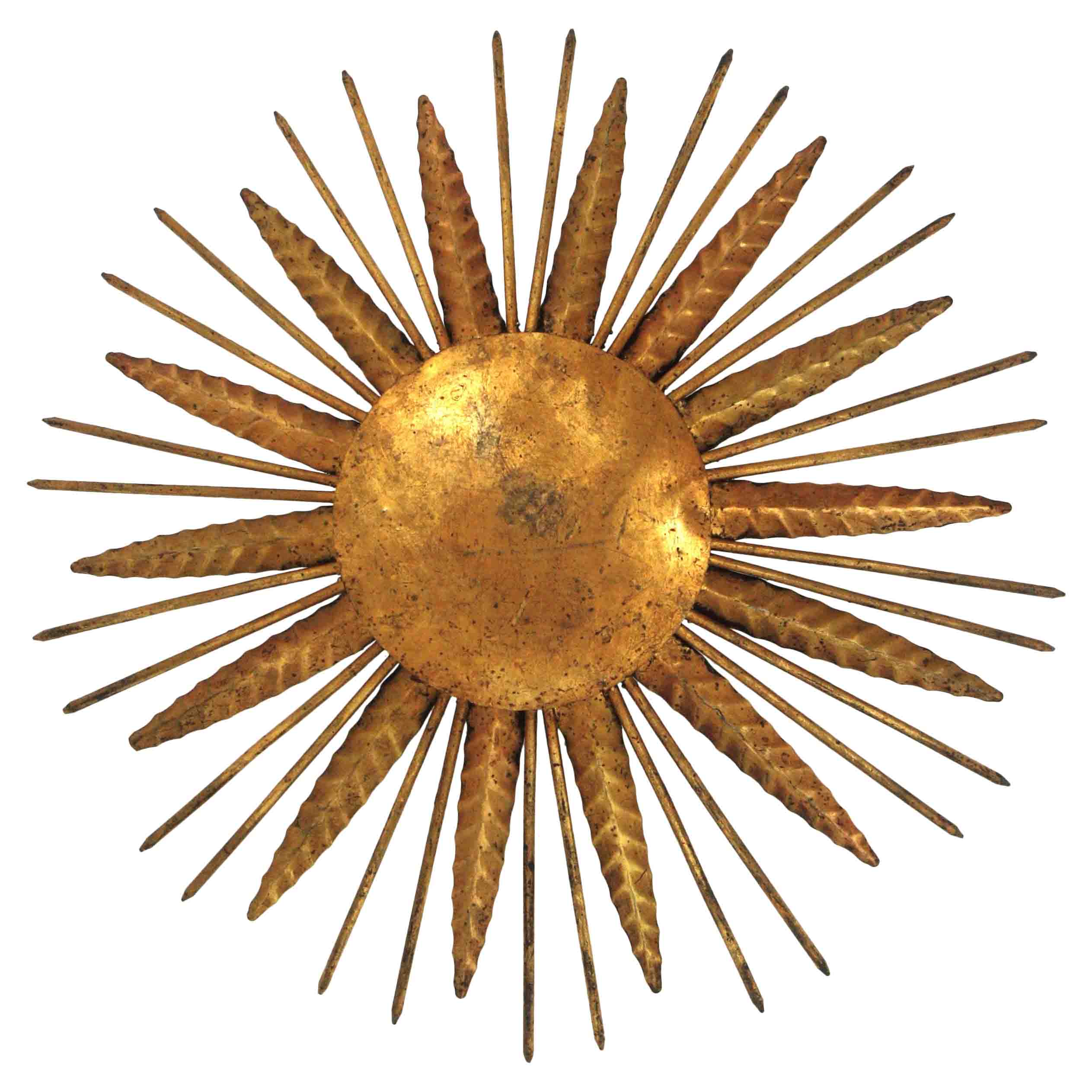 Französische Sonnenschliff-Spiegelleuchte aus vergoldetem Eisen, 1940er Jahre im Angebot