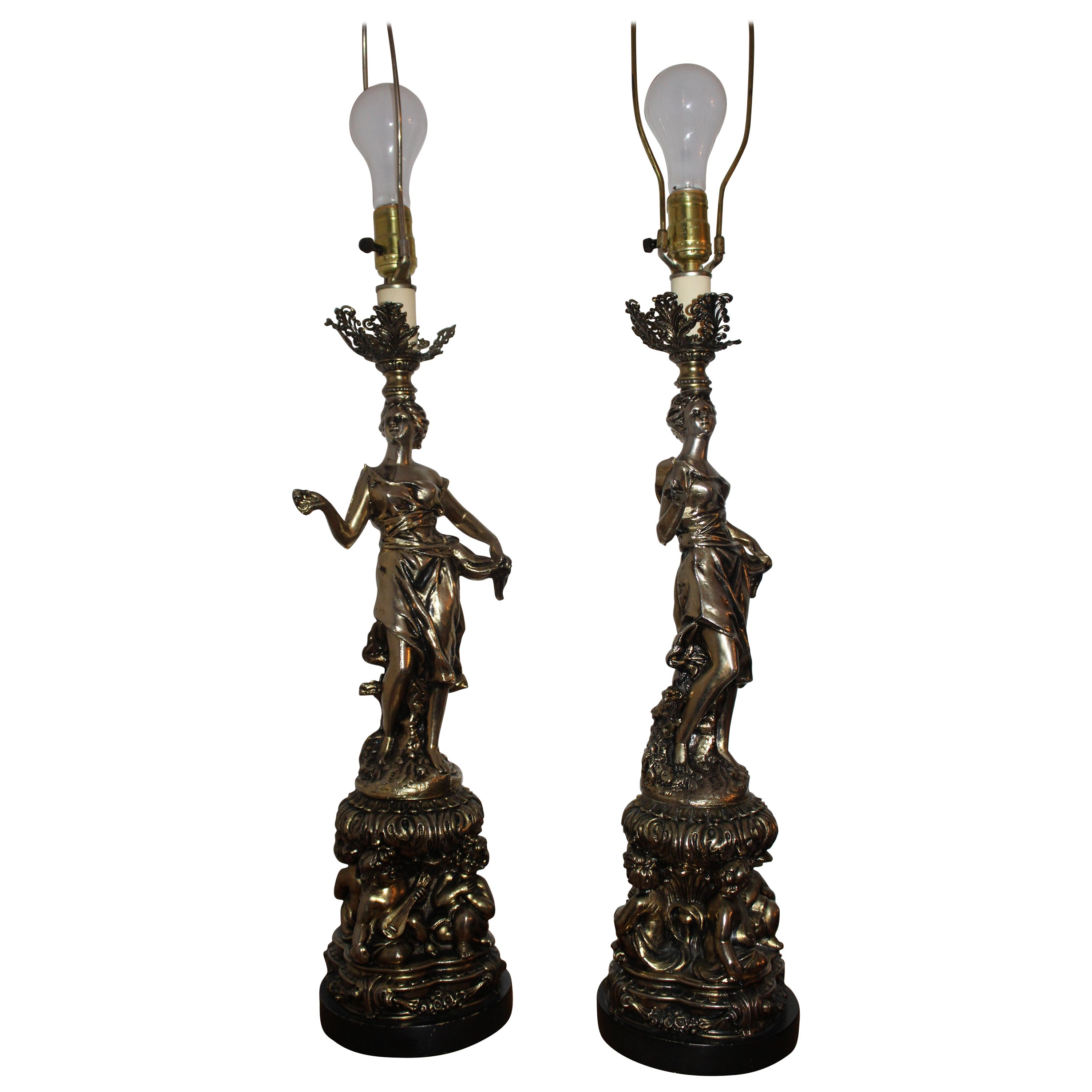 Pair of 1930s Art Noveau Lady Lamps For Sale