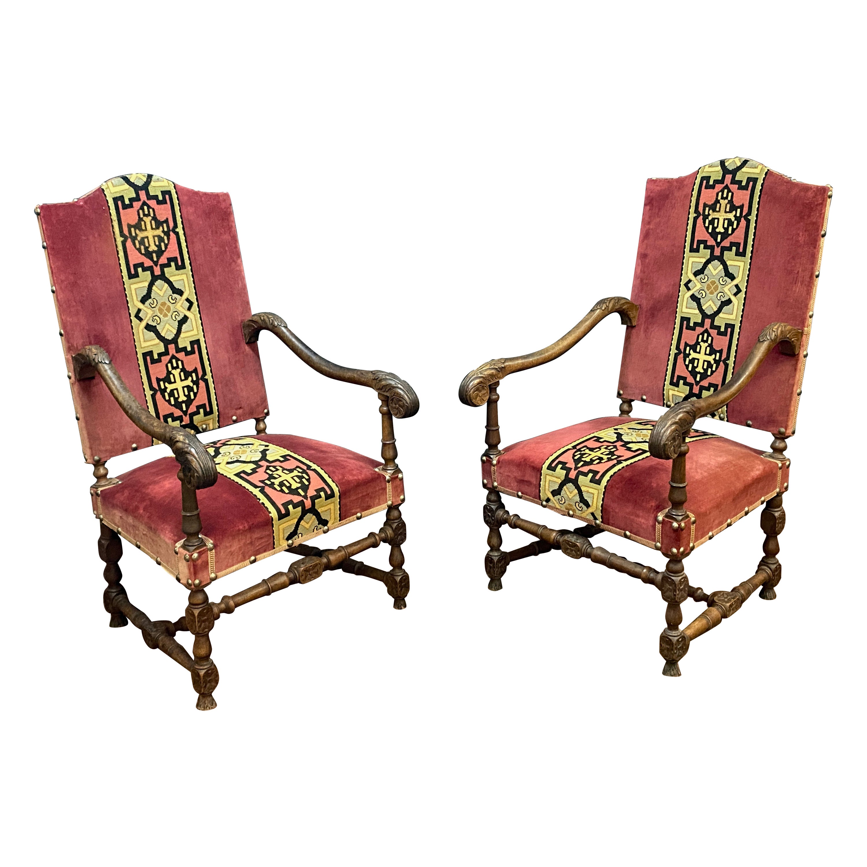 Pair of Louis XIII style armchairs in walnut circa 1930  For Sale