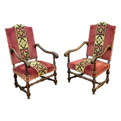 Vintage Pair of Louis XIII style armchairs in walnut circa 1930 