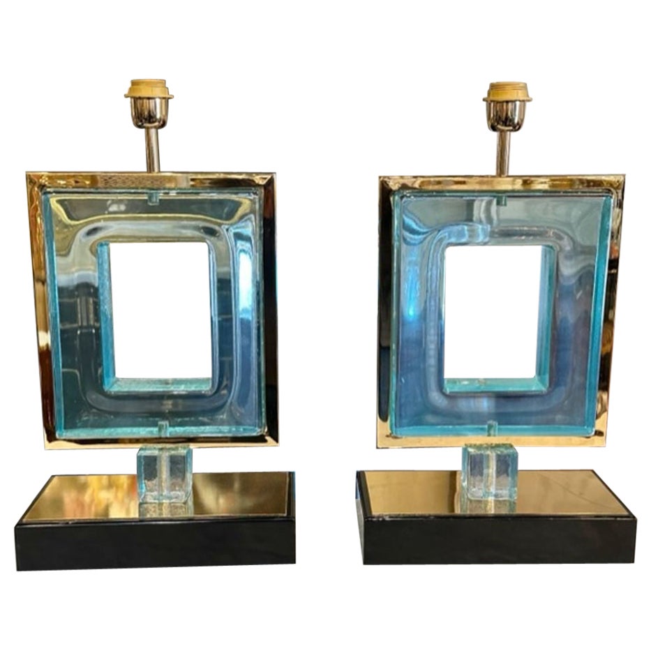 Pair of Blue Square Murano Glass Lamps For Sale