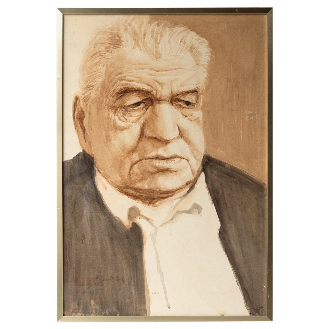 Large Portrait Of A Man By Sam Walsh, Original Vintage Watercolour Painting  For Sale