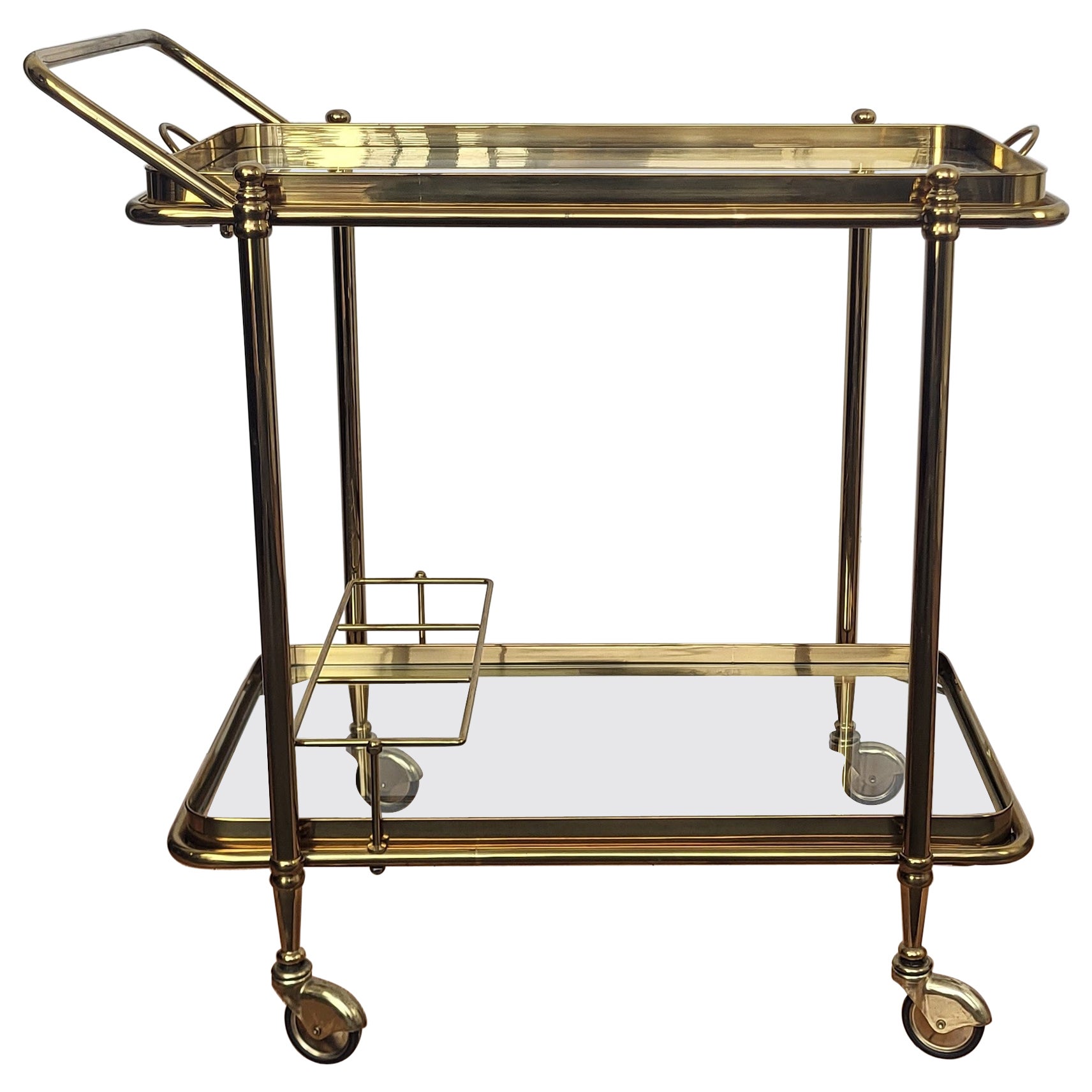 1970s Italian Two-Tier Gilt Brass Glass Bar Cart with Removable Top Tray