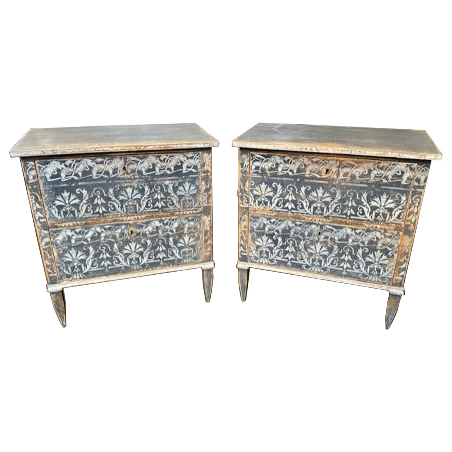 Pair of German Neo-Classical Hand Painted Bed Side Chests