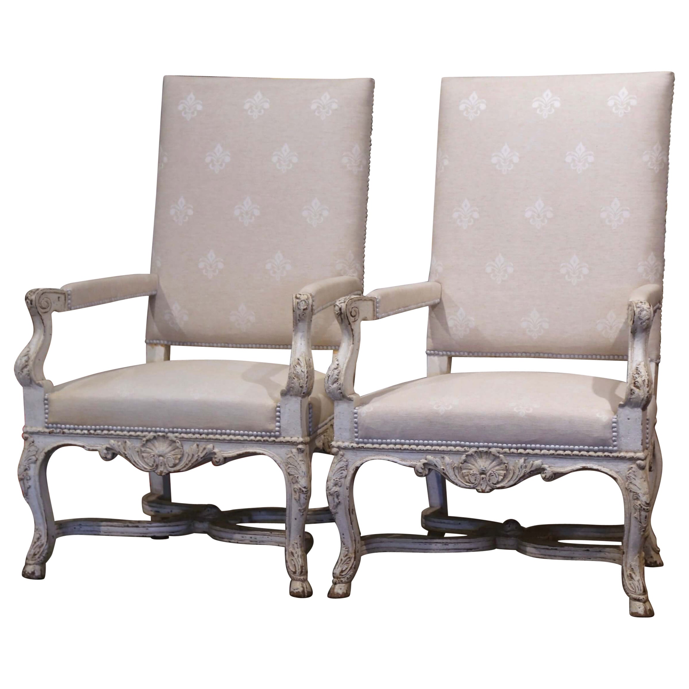 Pair of 19th Century Louis XIV Carved Painted Armchairs with Fleur-de-Lys Fabric