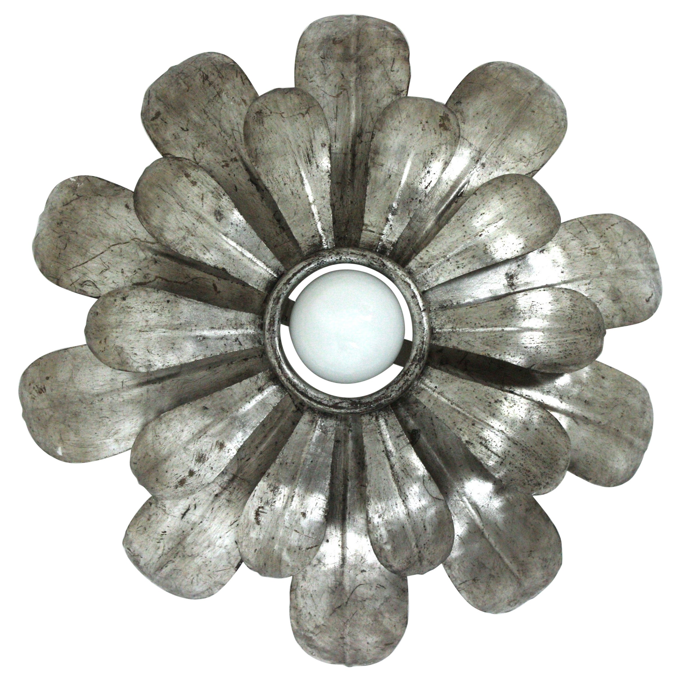 Sunburst Flower Light Fixture in Silvered Gilt Iron, 1950s For Sale