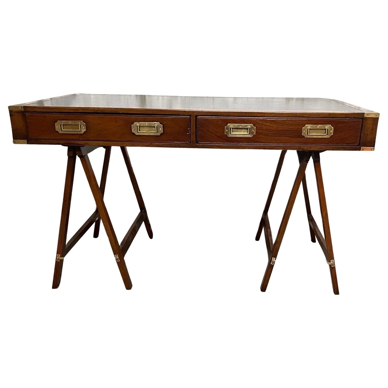 Mahogany and Leather English Campaign Desk Resting on Stretcher Base For Sale