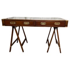 Mahogany and Leather English Campaign Desk Resting on Stretcher Base