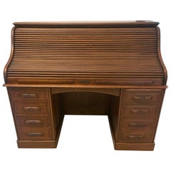 Large Antique Edwardian Freestanding Quality Oak Roll Top Desk