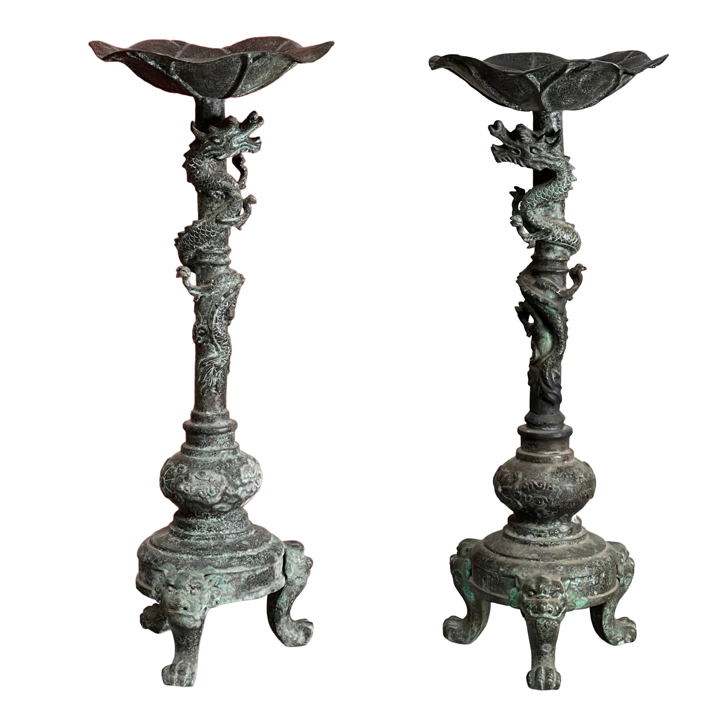 Large Pair of Chinese Candle Holders in a Patinated Verdagris Finish For Sale