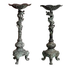 Retro Large Pair of Chinese Candle Holders in a Patinated Verdagris Finish