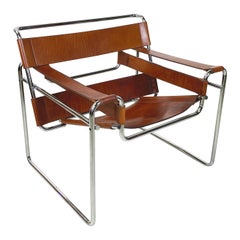Italian modern Brown leather steel armchair Wassily by Breuer for Gavina, 1970s