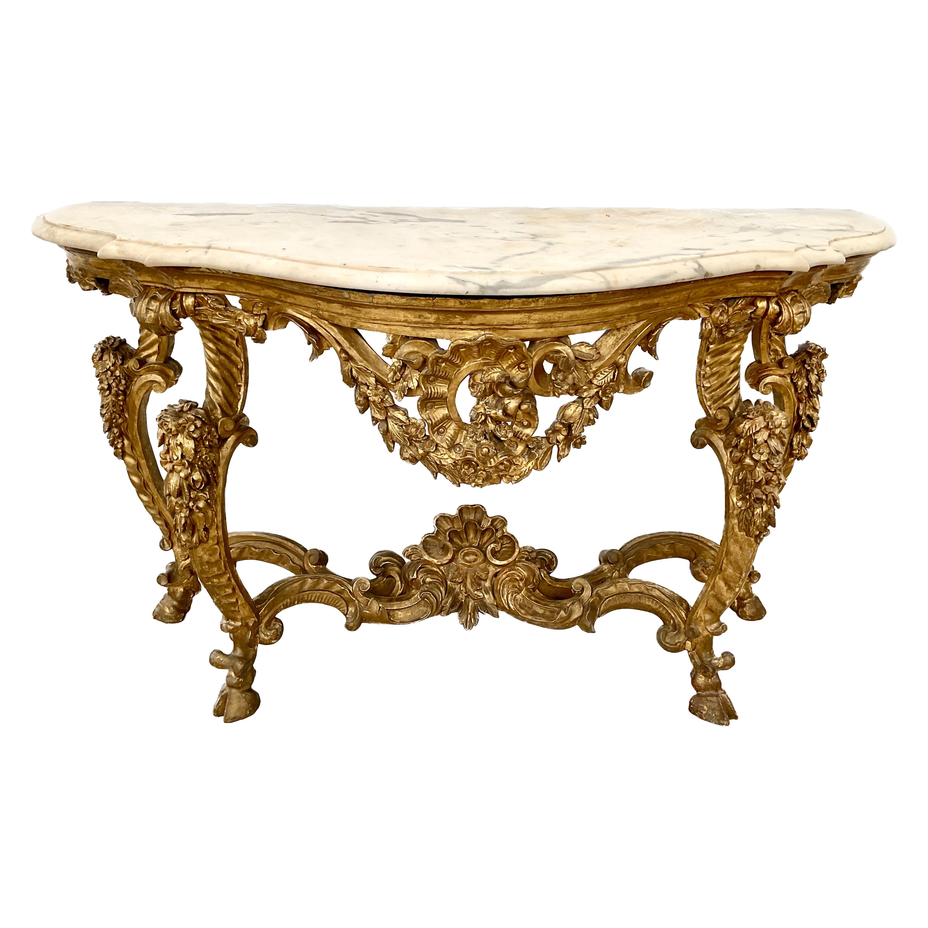 Table console italienne du 18e siècle en bois doré avec plateau en marbre