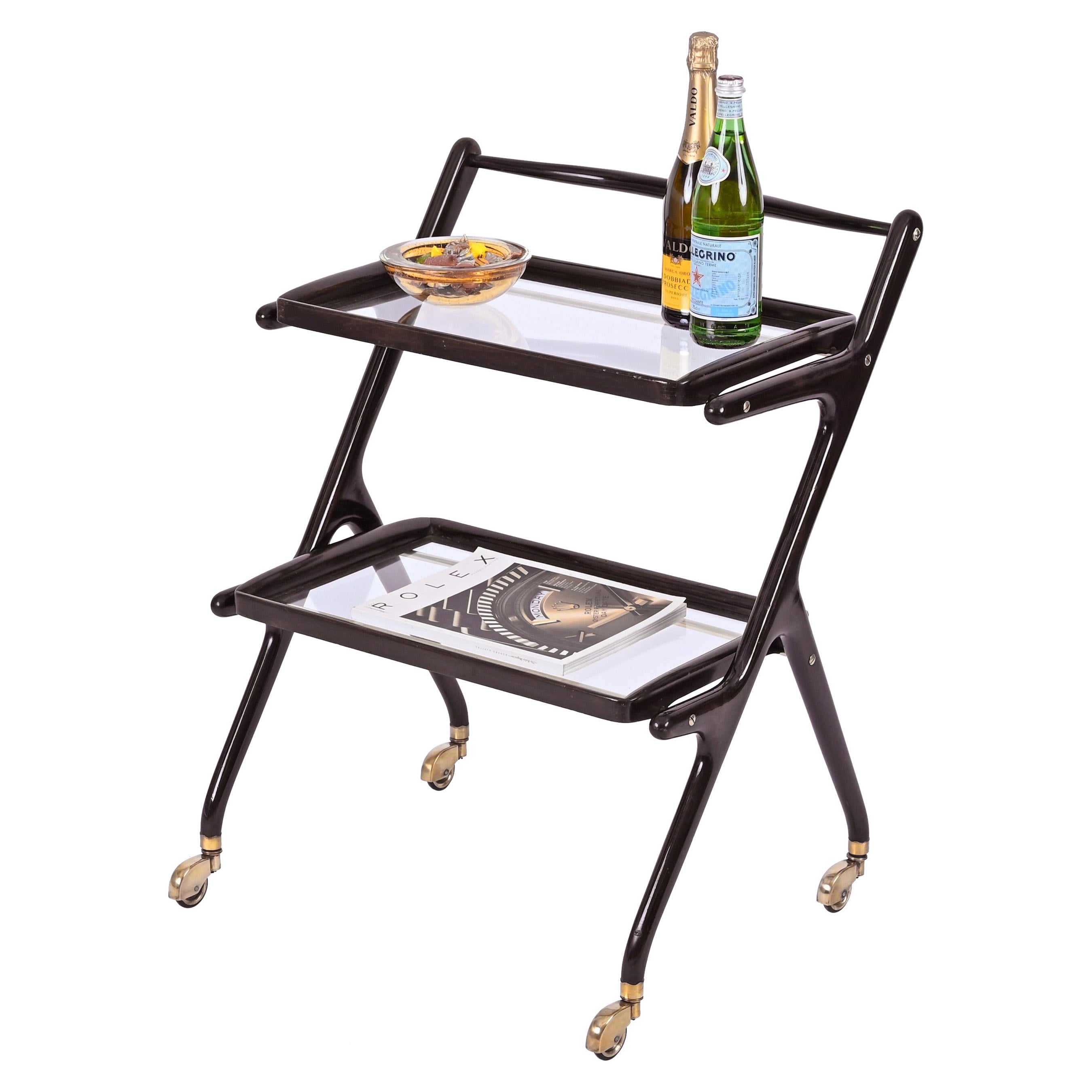 Cesare Lacca Midcentury Wood and Glass Italian Trolley Bar Cart, 1950s For Sale