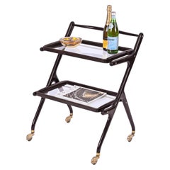 Cesare Lacca Midcentury Wood and Glass Italian Trolley Bar Cart, 1950s
