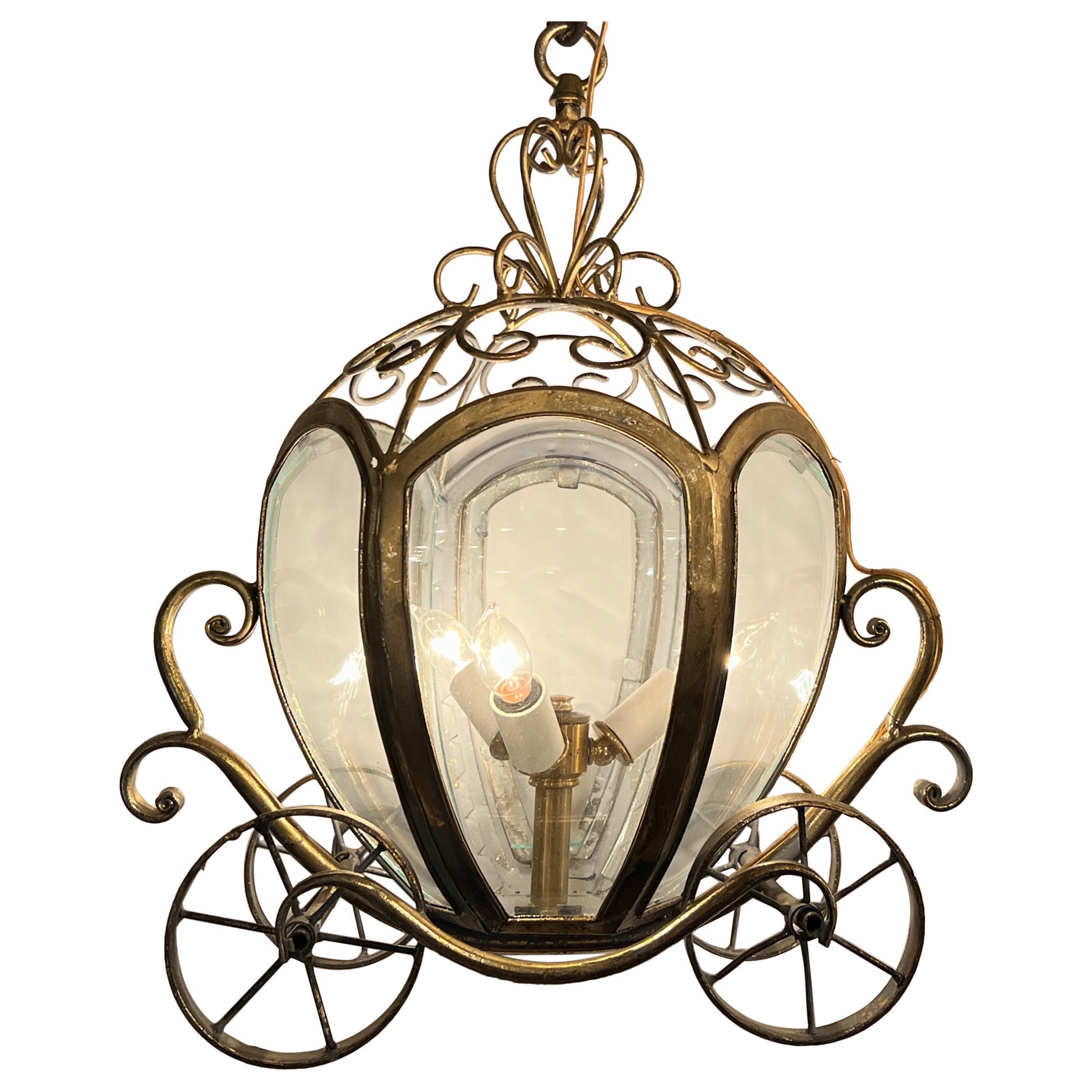 Unusual Estate Glass and Brass Figural “Carriage” 3-Light Chandelier. For Sale