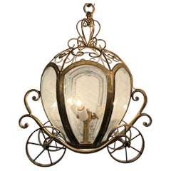 Unusual Estate Glass and Brass Figural “Carriage” 3-Light Chandelier.