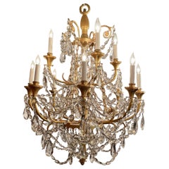 Antique French Belle Époque Gold Bronze & Cut Crystal 2-Tier Chandelier, Ca 1910