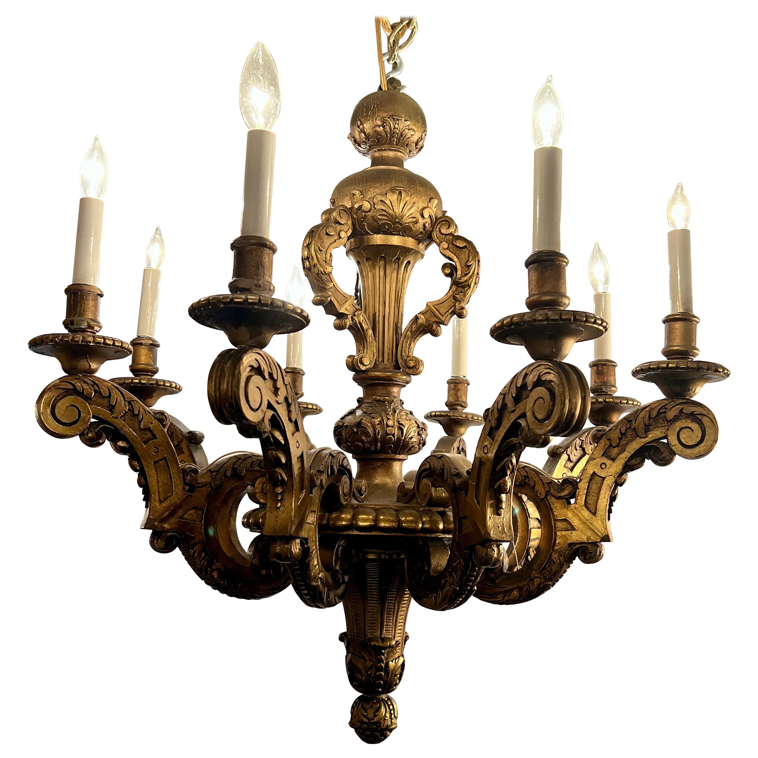 Antique Late 19th Century Italian Carved Wood Parcel Gilt Chandelier C 1890-1900 For Sale