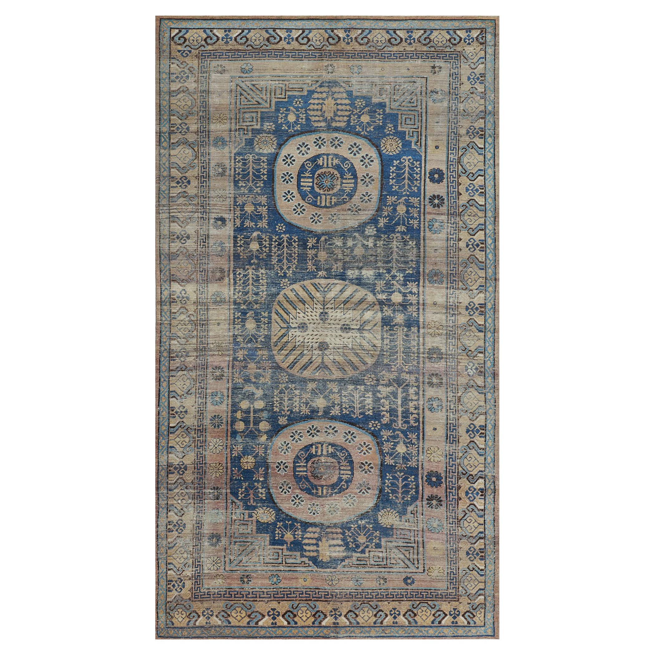 Handwoven Antique Blue Khotan Rug from East Turkestan For Sale