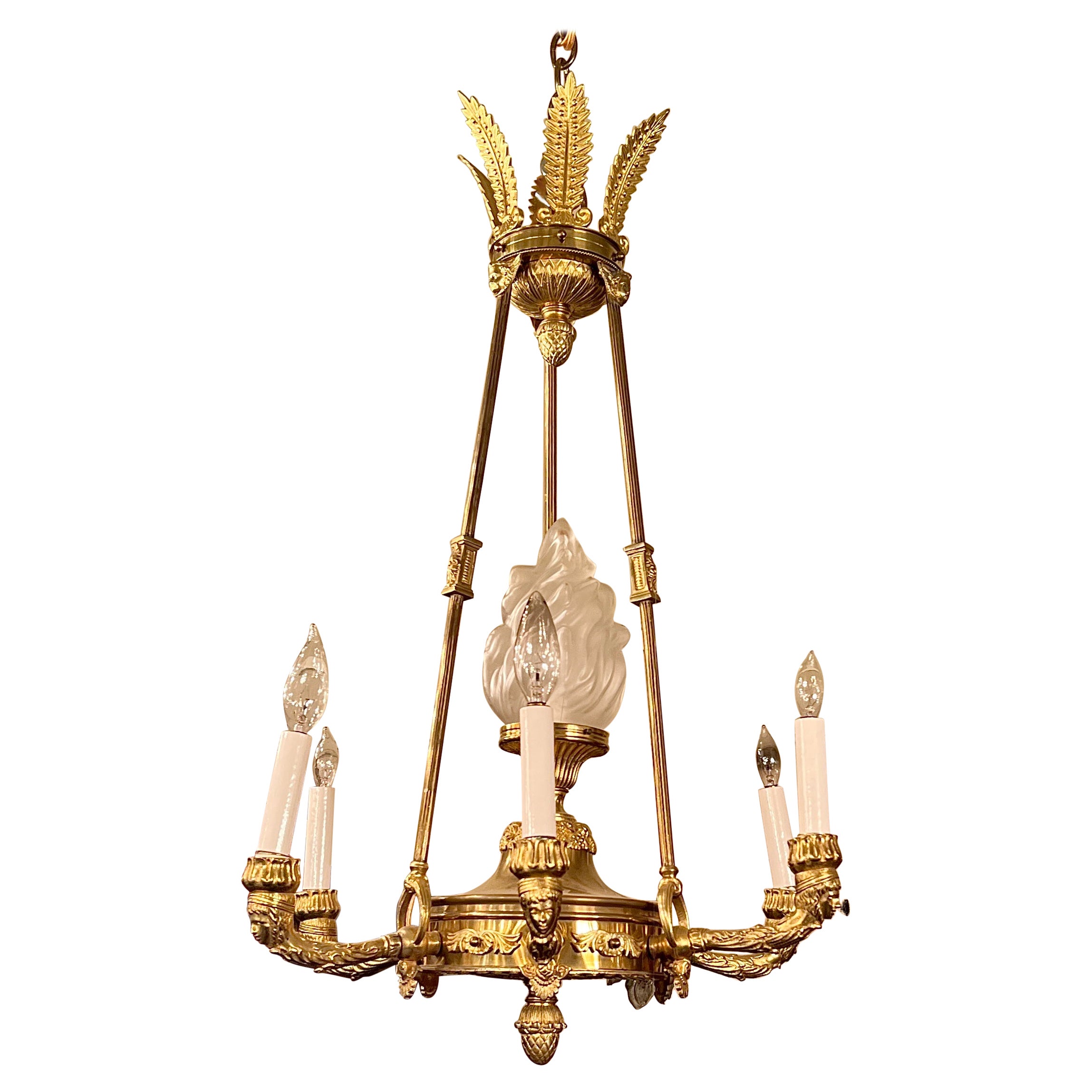 Estate French Empire Design Gold Bronze 6 Light Chandelier, 75 years old.  For Sale