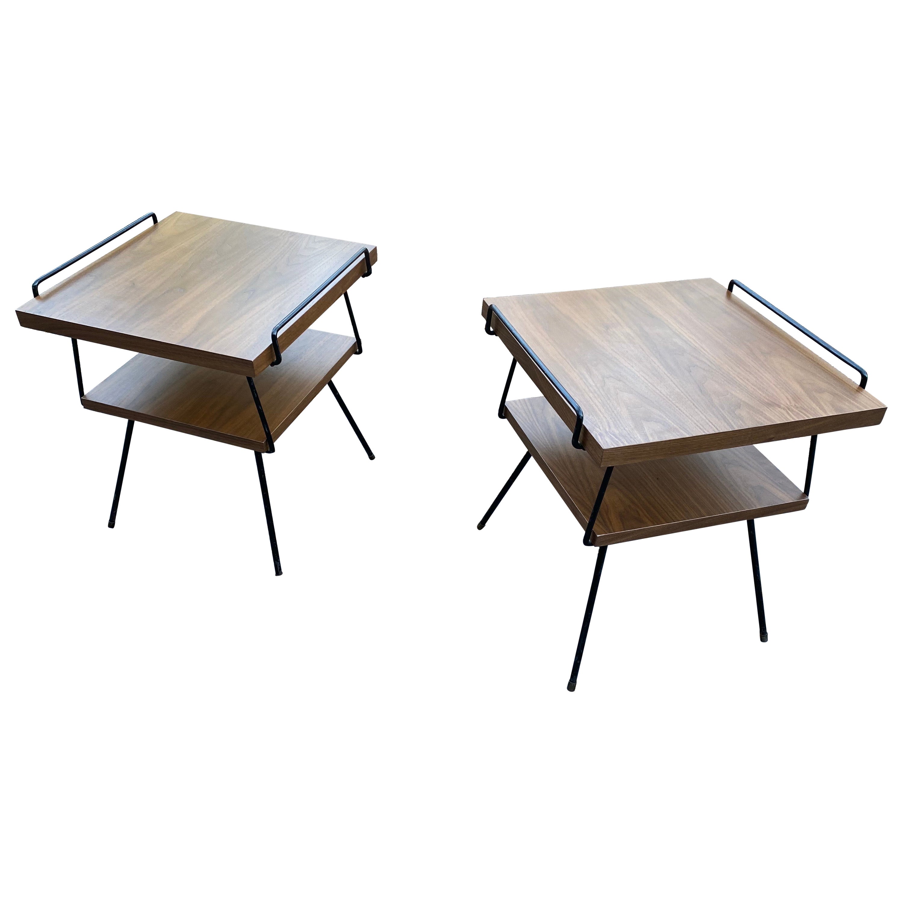 Tony Paul Style Pair of Walnut and Iron End Tables For Sale