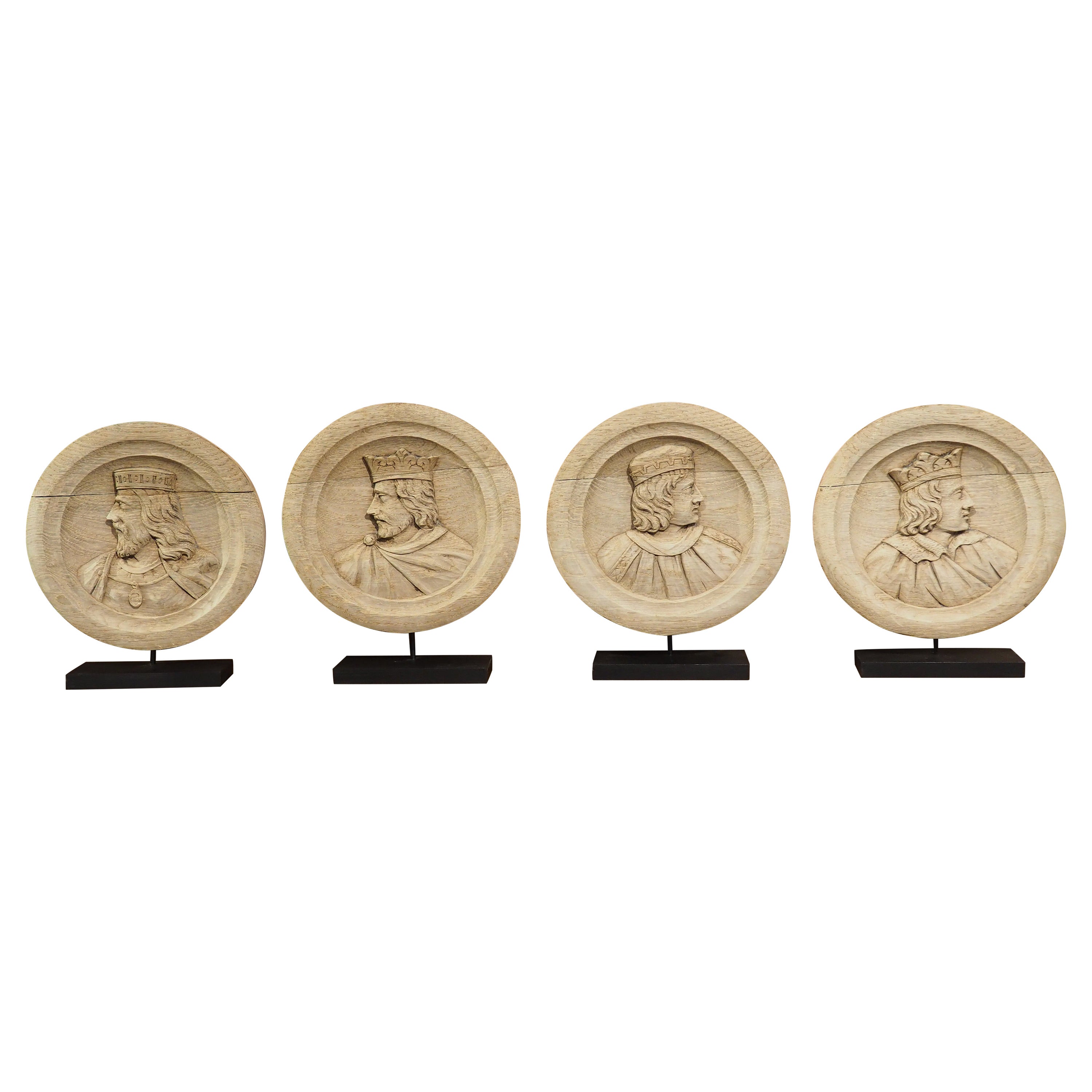 Set von 4 antiken französischen Medaillonbüsten aus geschnitzter Eiche, um 1890