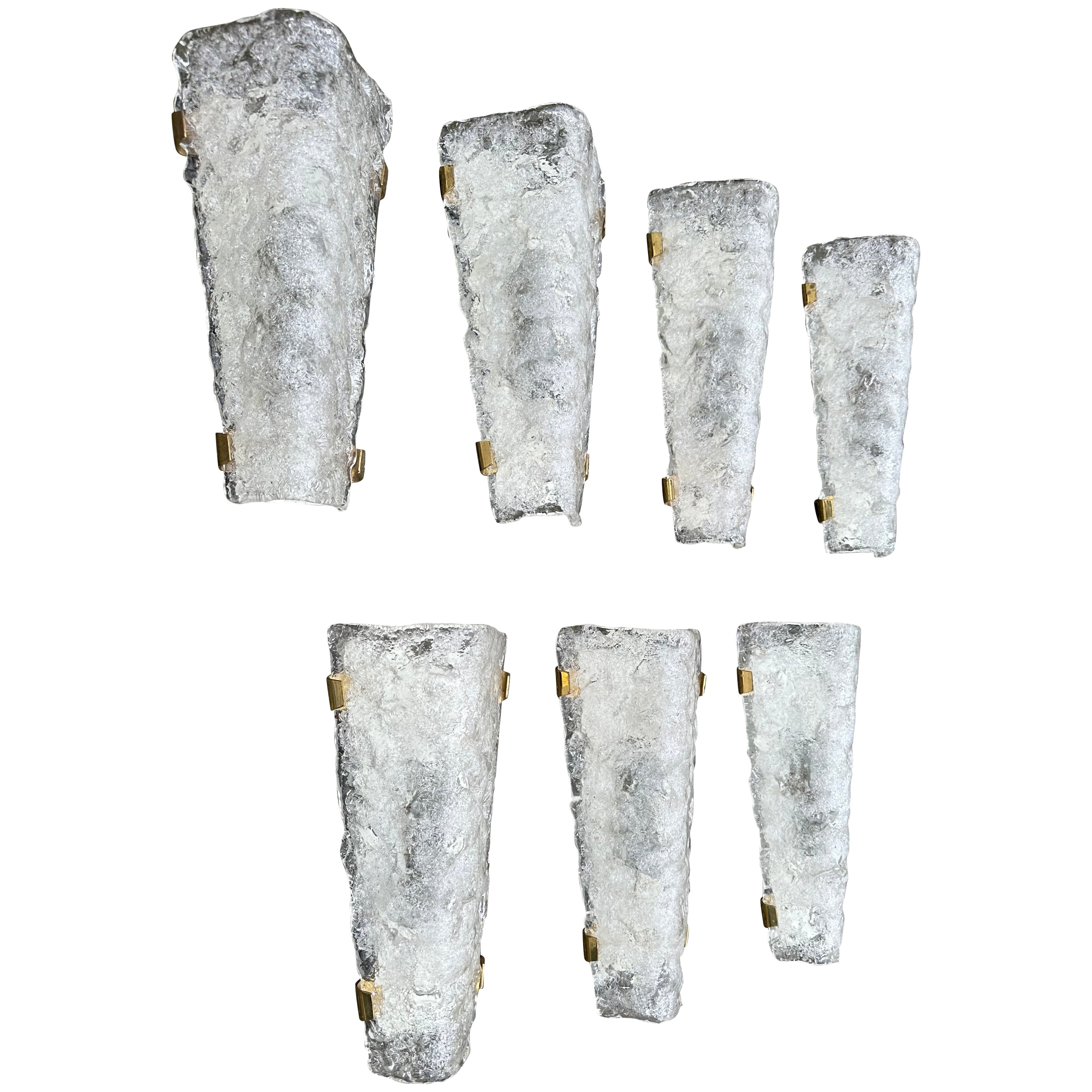 Large Set of 7 Handmade Murano Glass Sconces / Wall Lights by Hillebrand ca 1960 For Sale