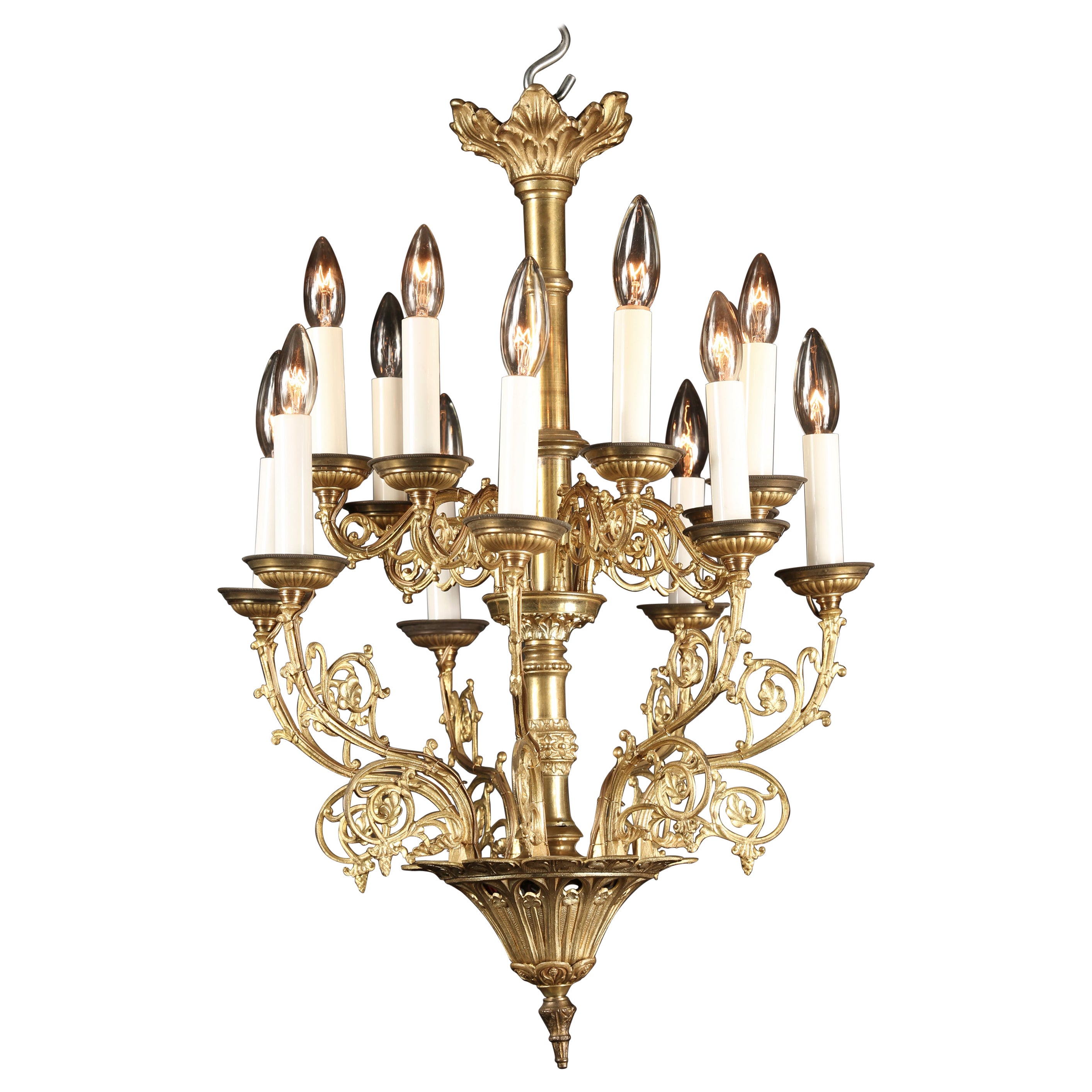 French Mid 20th Century Bronze Two Tier Chandelier, Louis XVI Style For Sale