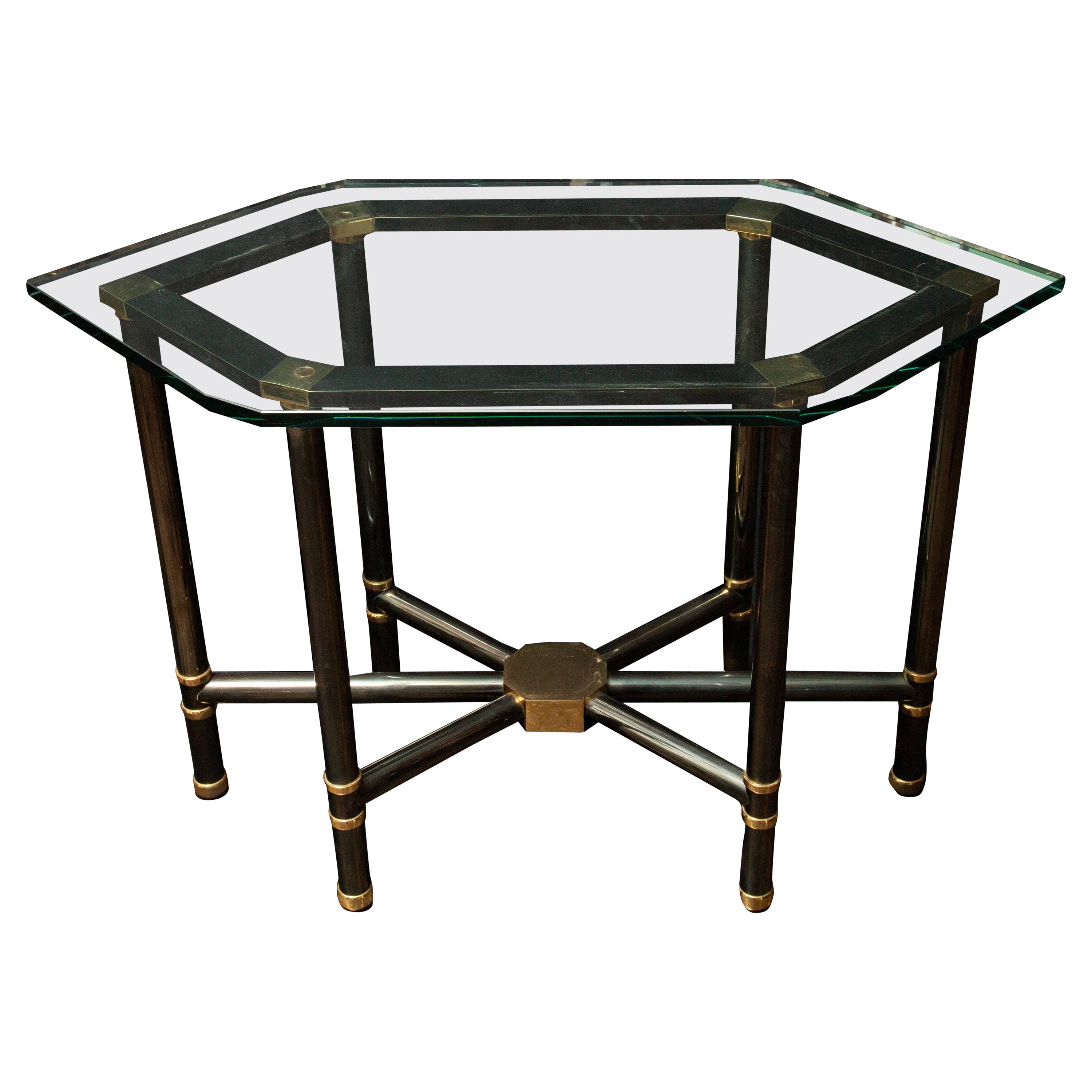 Elegant Gunmetal and Brass Center Table by Karl Springer w/ Glass Top For Sale