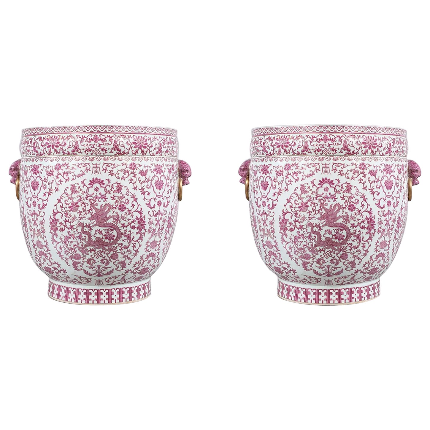 A Massive Pair of Chinese Pink and White Dragon Porcelain Planters, Republic For Sale