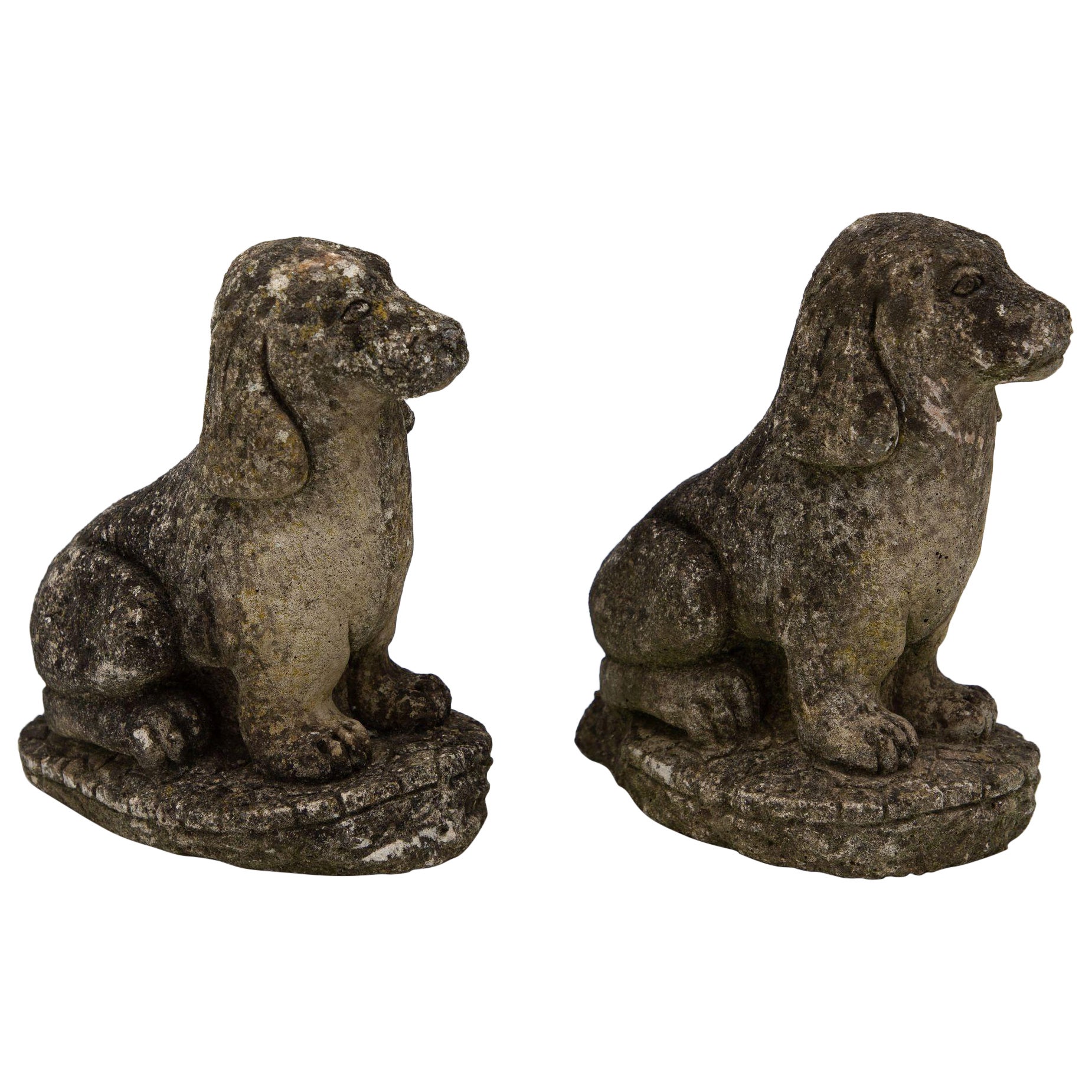 Vintage Pair of Concrete Stone Spaniel Dog Garden Ornaments