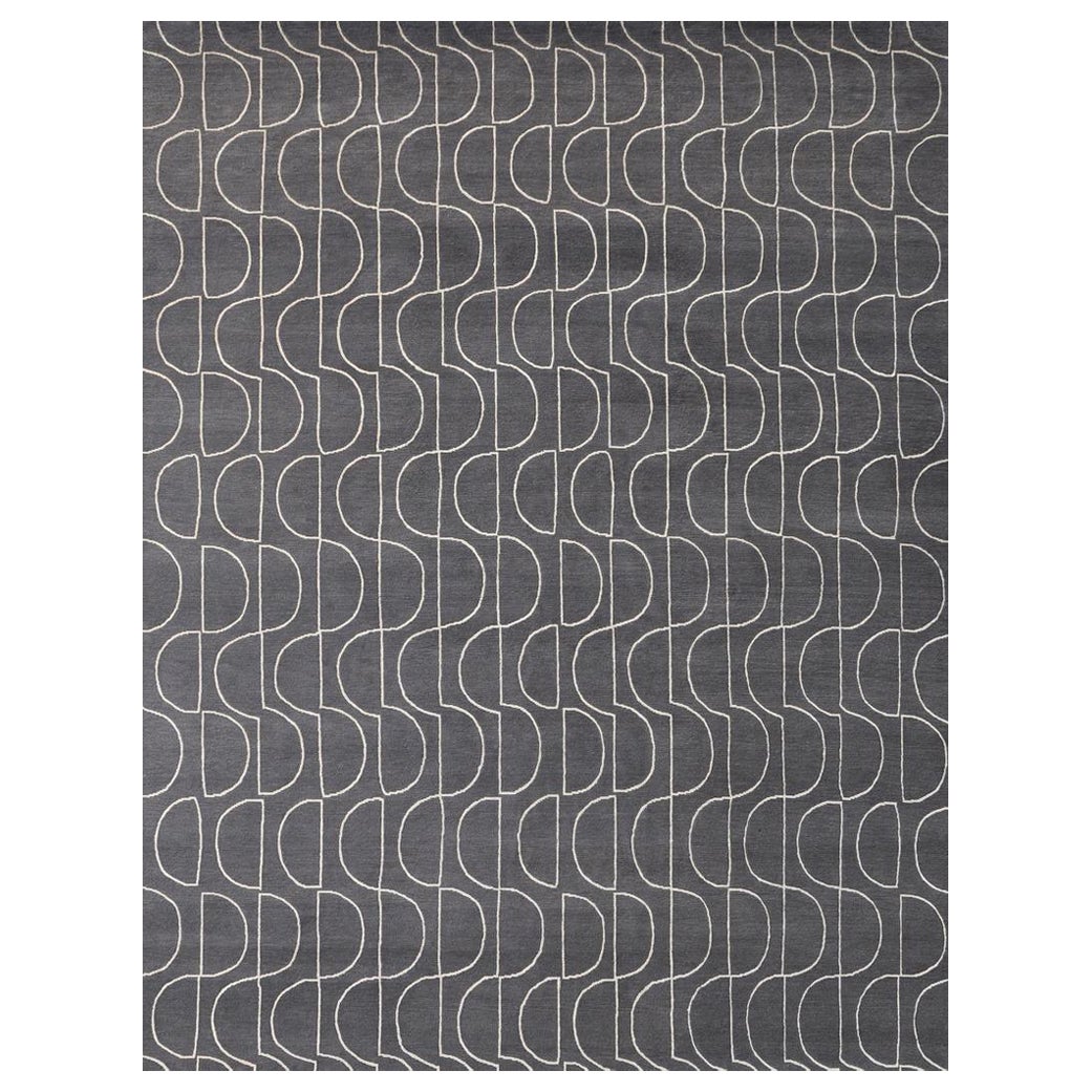 "Riviera - Charcoal & Cream" /  9' x 12' / Hand-Knotted Wool & Silk Rug For Sale