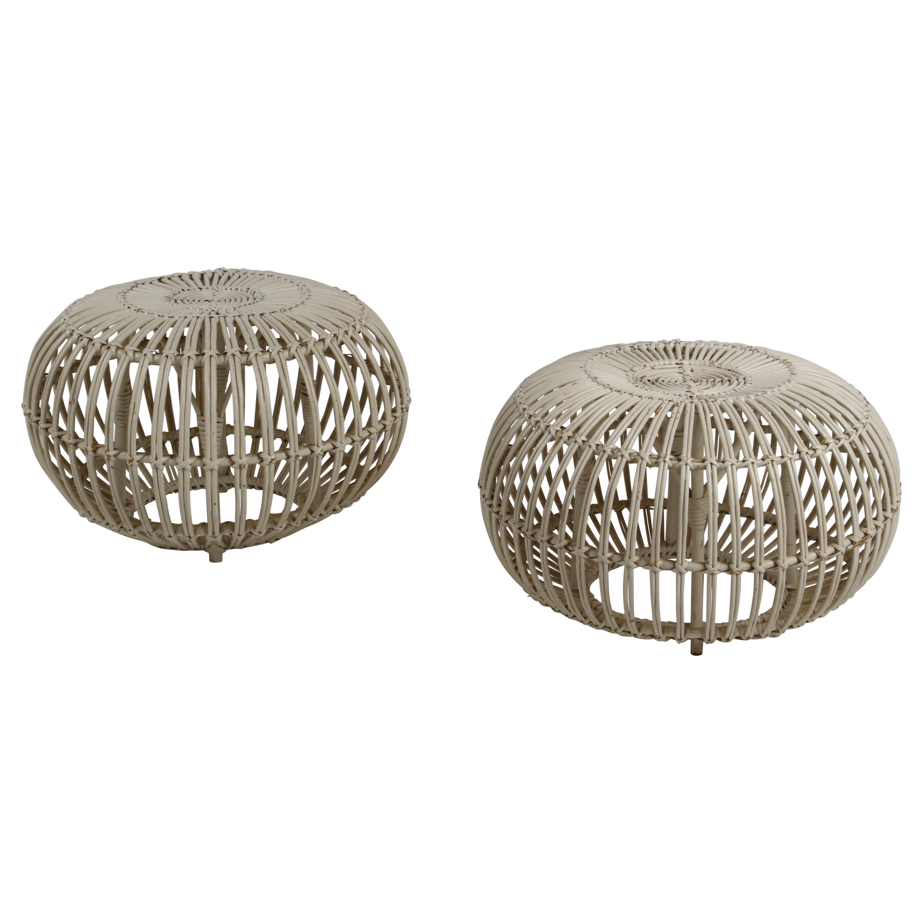 Pair of Mid-Century Modern Franco Albini White Wicker Ottomans, Stools or Poufs For Sale