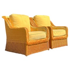 Vintage Coastal Tagged Bielecky Brothers Braided Rattan Lounge Chairs - a Pair