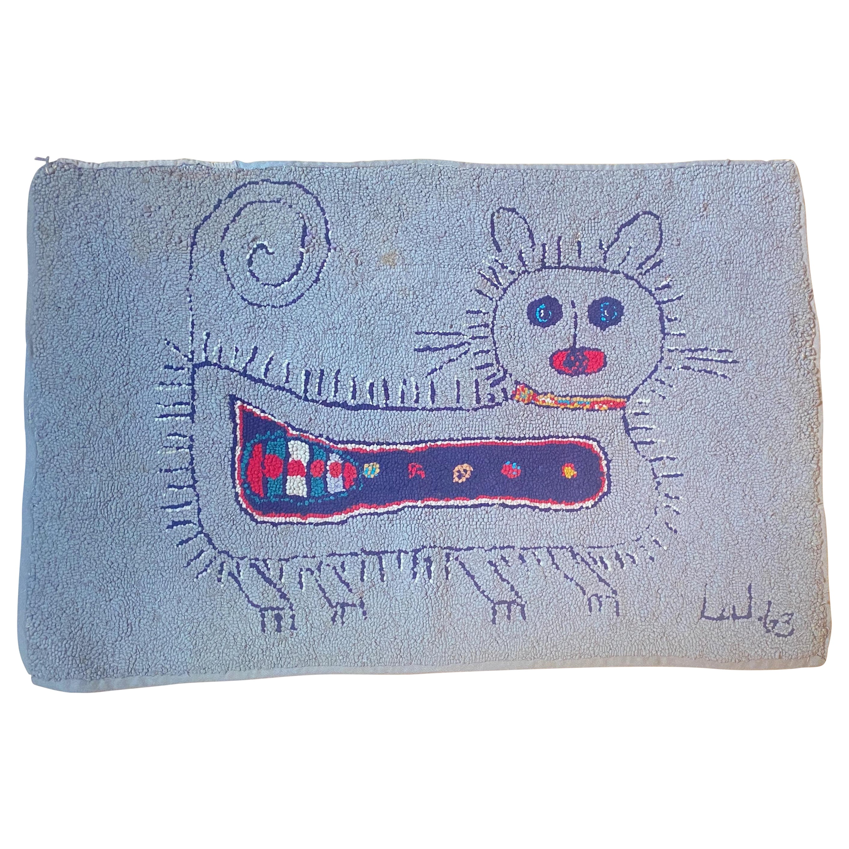 Modernist Mid Century American Folk Art Hooked Rug of a Cat dated 1963 For Sale
