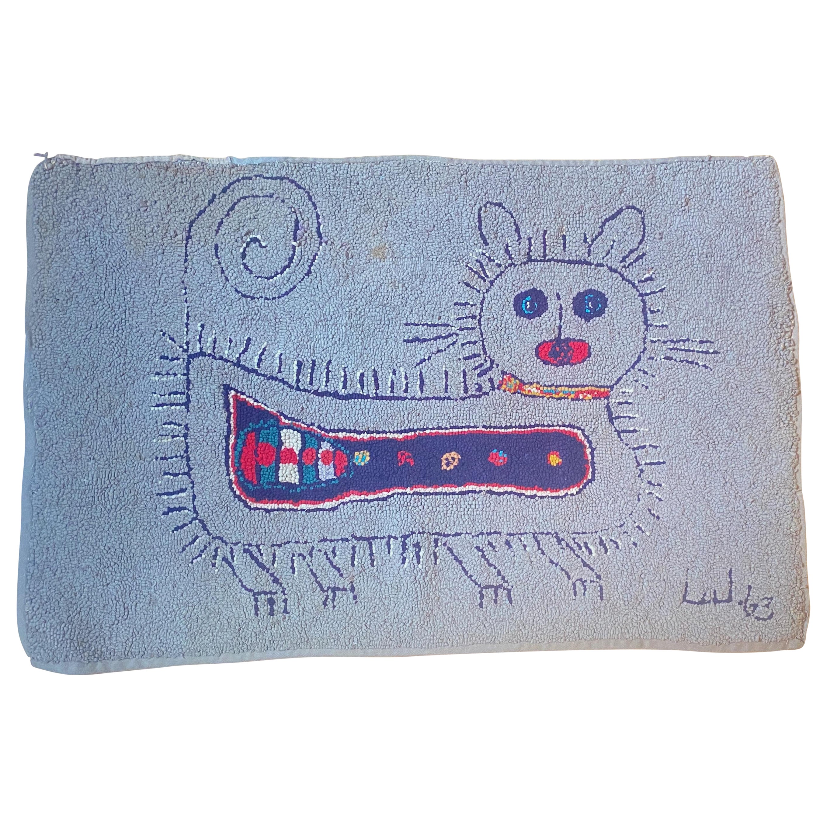 Tapis moderniste du milieu du siècle de l'art populaire américain, représentant un chat, daté de 1963. en vente