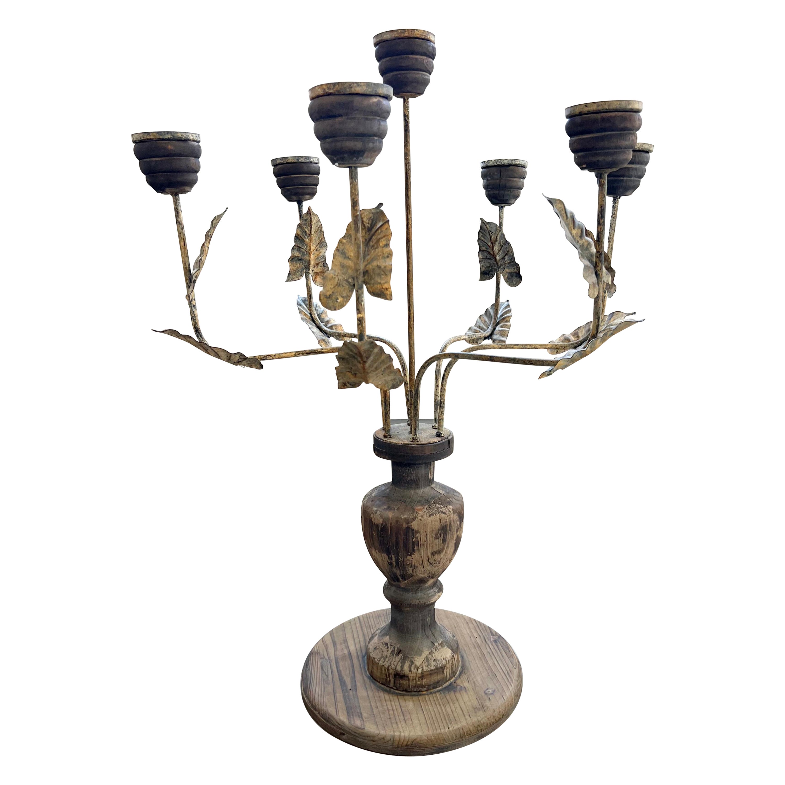Très grand candélabre rustique vintage à 7 bras en bois et métal en vente