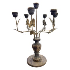 Très grand candélabre rustique vintage à 7 bras en bois et métal