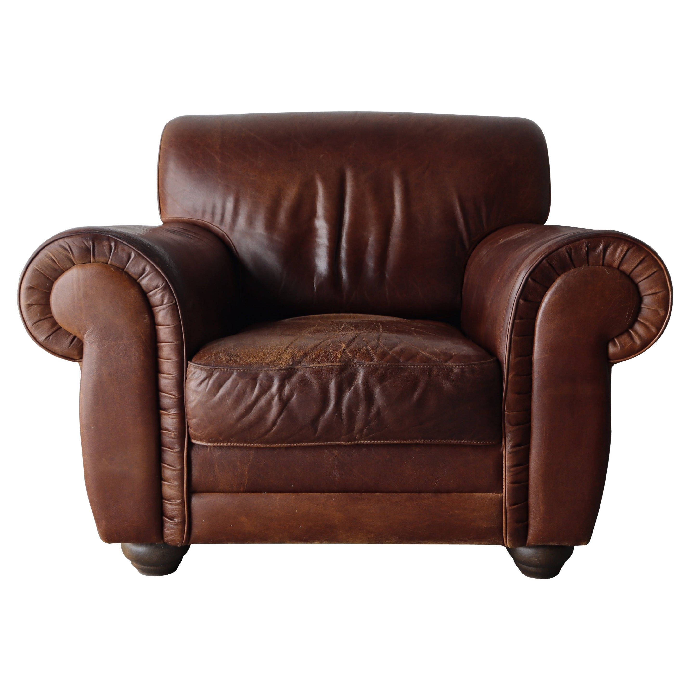 Italian Aged Leather Lounge Chair and Ottoman