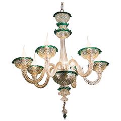 Clear Murano Glass Chandelier with Emerald Green Trim from Italy circa 1930