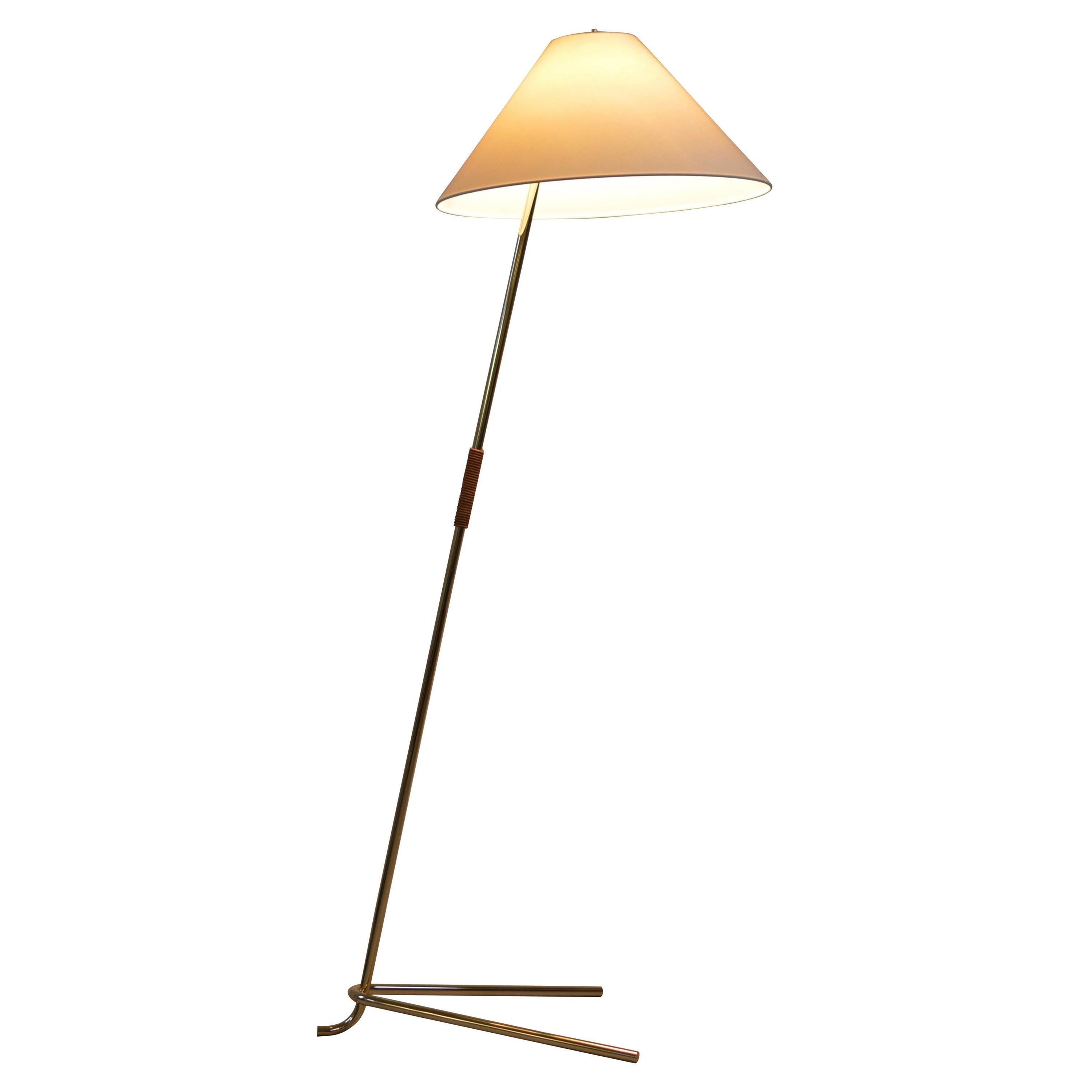 Brass & Leather 'Hase BL' Floor Lamp by J.T. Kalmar - SHIPS FROM STOCK For Sale