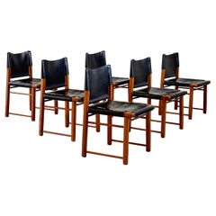 Chic Italian Elegance: Set of Six Walnut and Black Leather Dining Chairs, 1970s