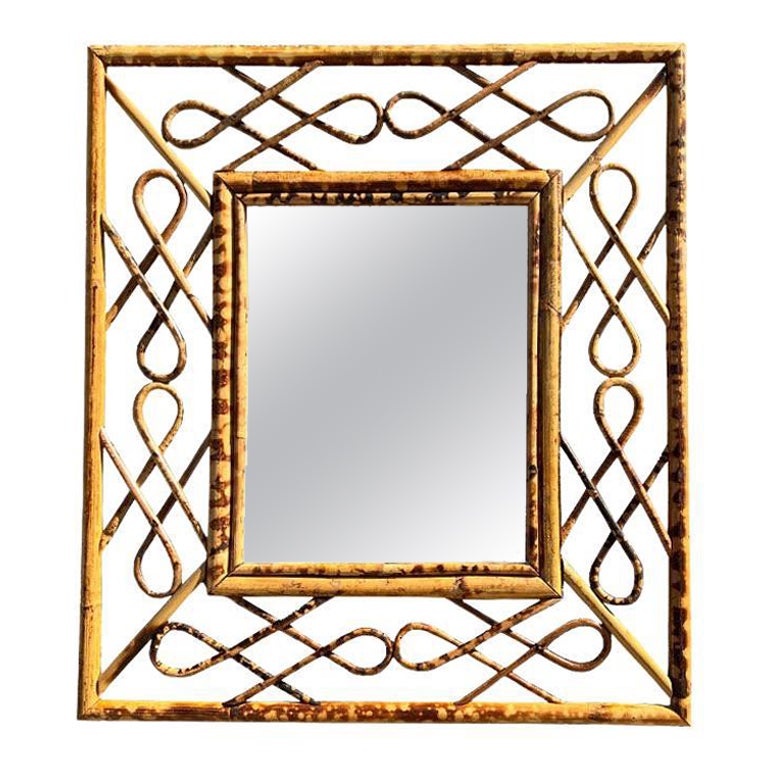 Italian Rectangular Tortoise Bamboo Wall Mirror with Scroll Frame - 1970s For Sale