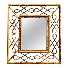 Italian Rectangular Tortoise Bamboo Wall Mirror with Scroll Frame - 1970s