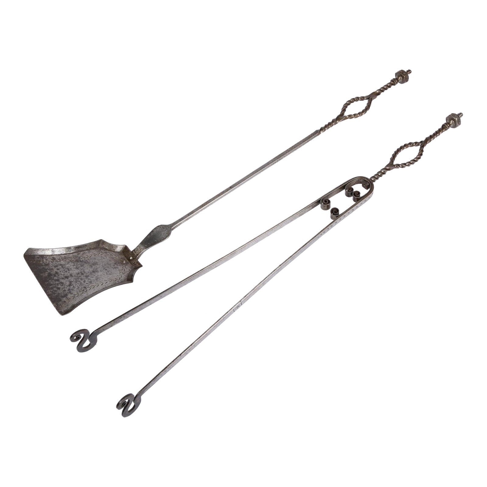  Set of wrought iron fire tools, shovel and tongs. For Sale