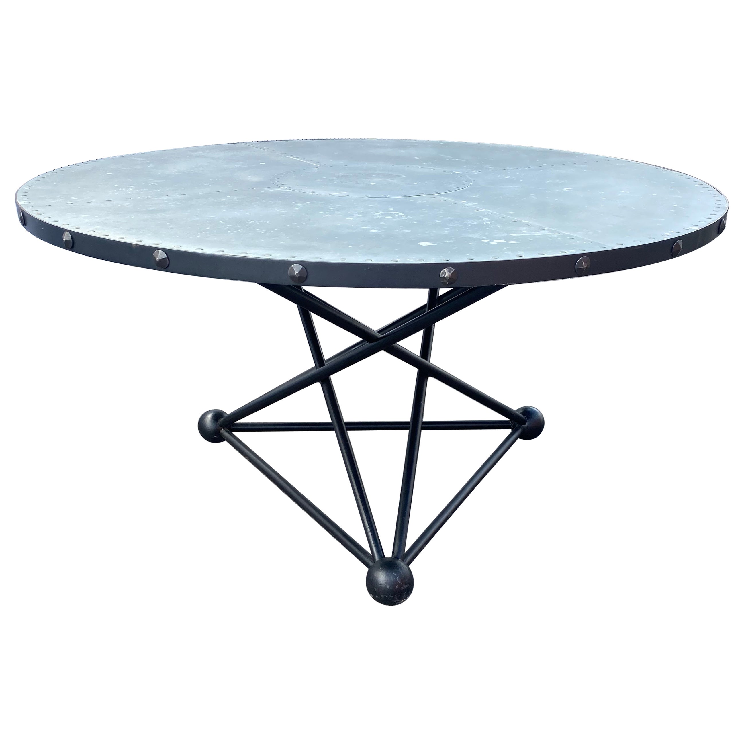 1980s Industrial Geometrical Sculptural Steel Zinc Wood Round Dining Table For Sale