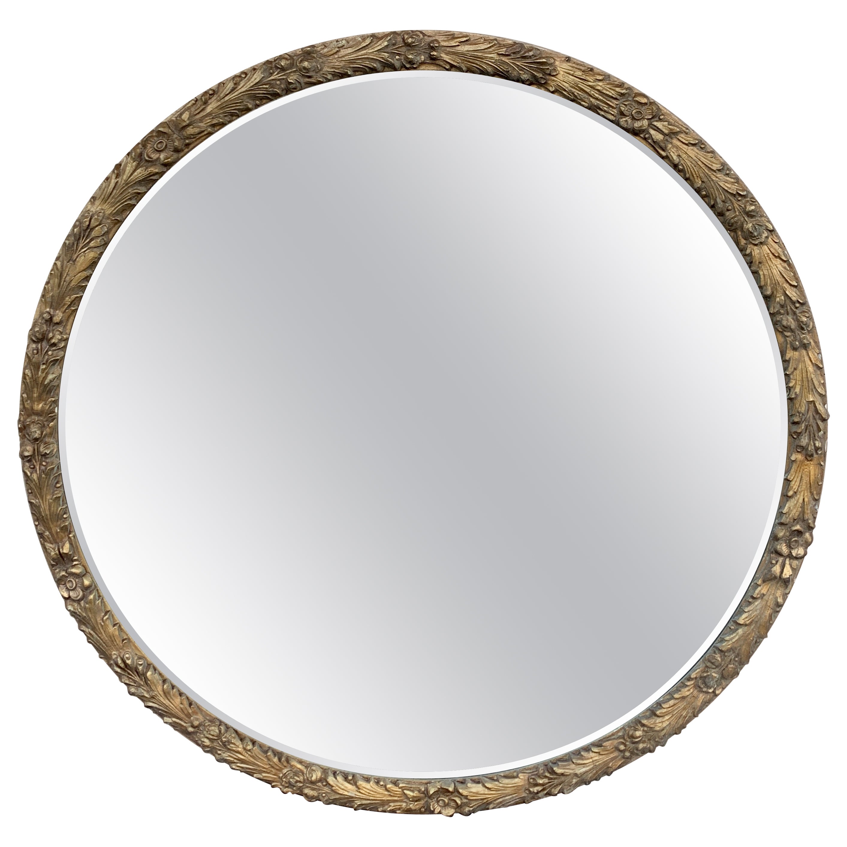Antique Carved Foliate Round Giltwood Mirror, Circa 1940s For Sale